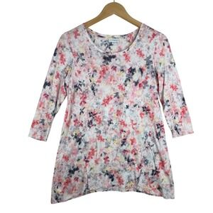 Pure Jill J Jill Print 3/4 Sleeve Cotton Tee Shirt Floral Pink Purple Size XS